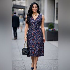 Kimora Lee Simmons Floral Belted V-Neck Dress Navy Multicolor Sleeveless Size 10